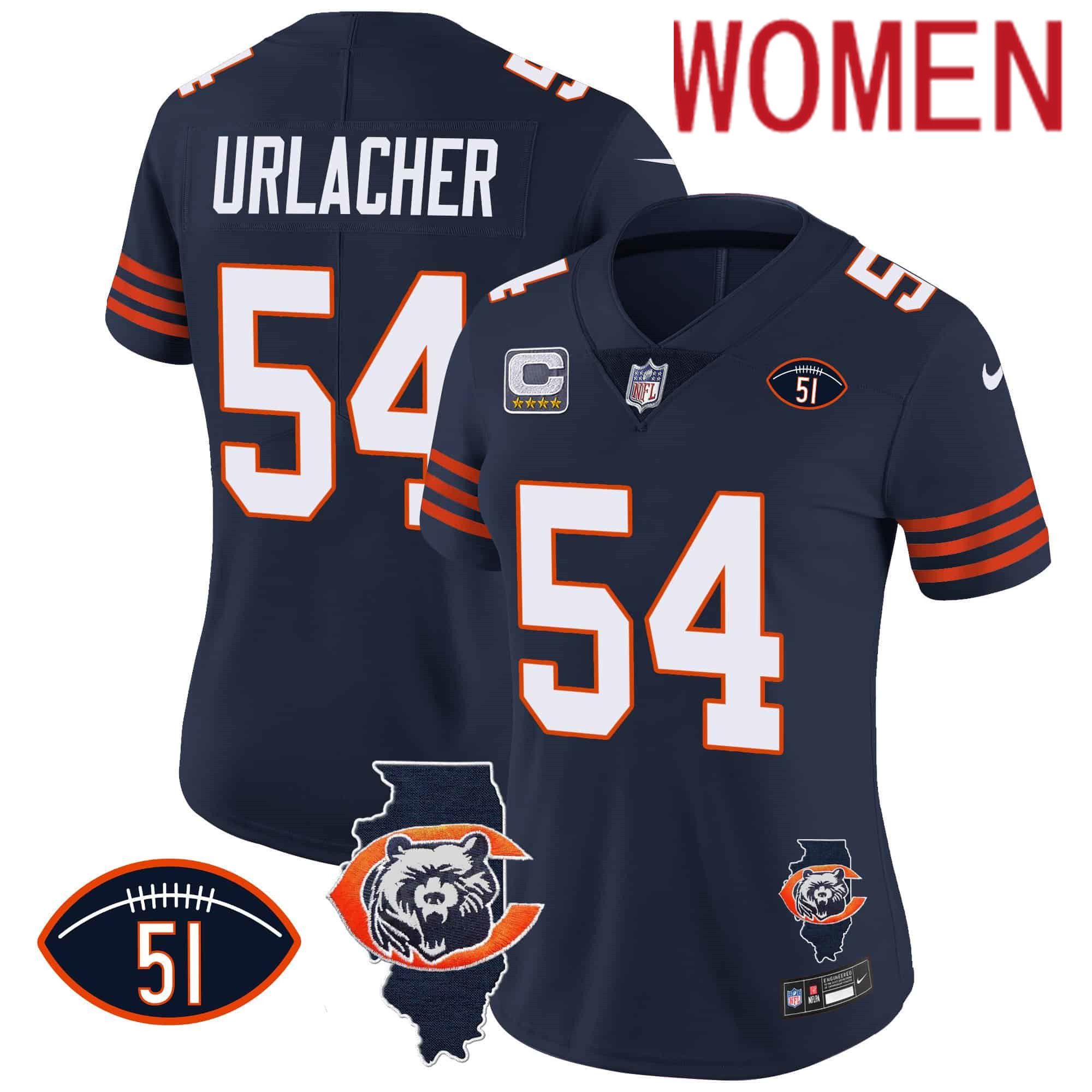 Women Chicago Bears #54 Urlacher Blue 2024 Nike Throwback Illinois Patch Vapor NFL Jersey style 1